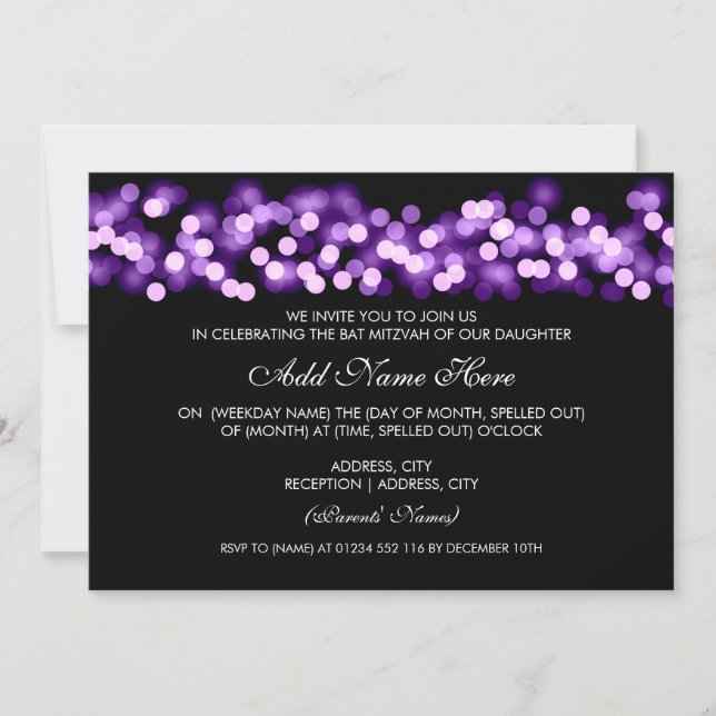 Invitación Bat Mitzvah Purple Hollywood Glam (Anverso)