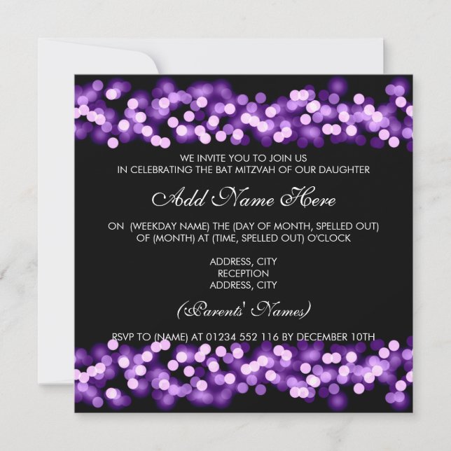 Invitación Bat Mitzvah Purple Hollywood Glam (Anverso)