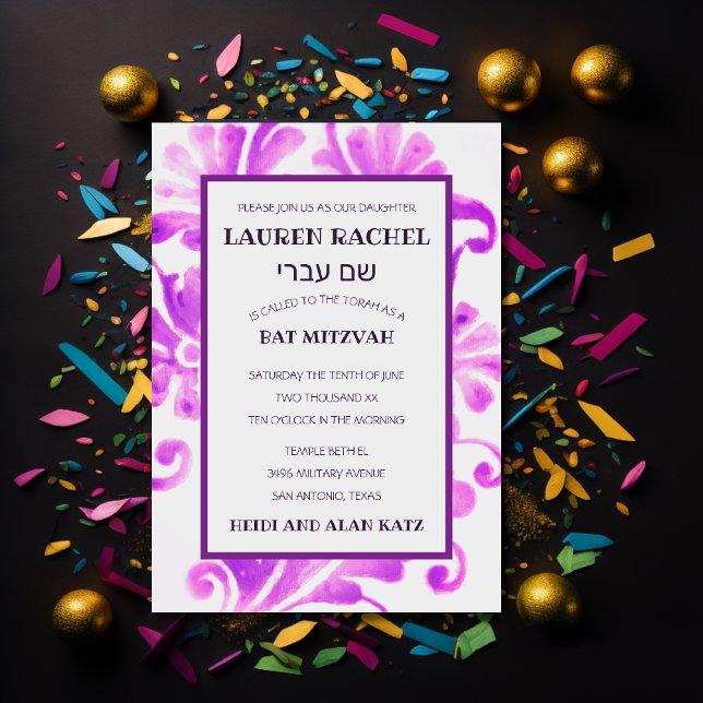 Invitación Bat Mitzvah Purple Pink Plume (Subido por el creador)