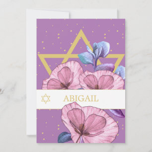 Invitación Bat Mitzvah Purple Poppies Gold Star de David