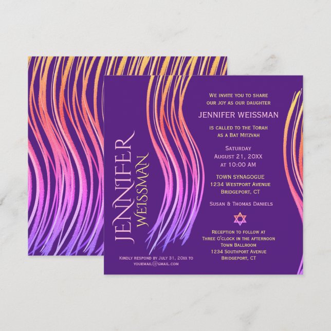 Invitación Bat Mitzvah Purple y Pink Prayer Shawl (Anverso / Reverso)