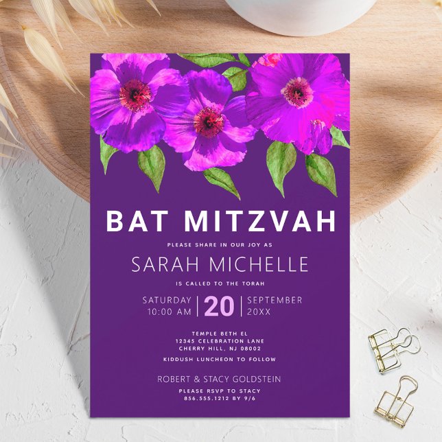 Invitación Bat Mitzvah Púrpura acuarela rosa Floral moderna (Subido por el creador)