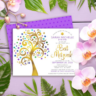 Invitación Bat Mitzvah Púrpura Hoja de Oro Script Árbol de la