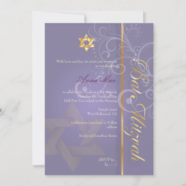 Invitación Bat Mitzvah/púrpura/oro (Anverso)