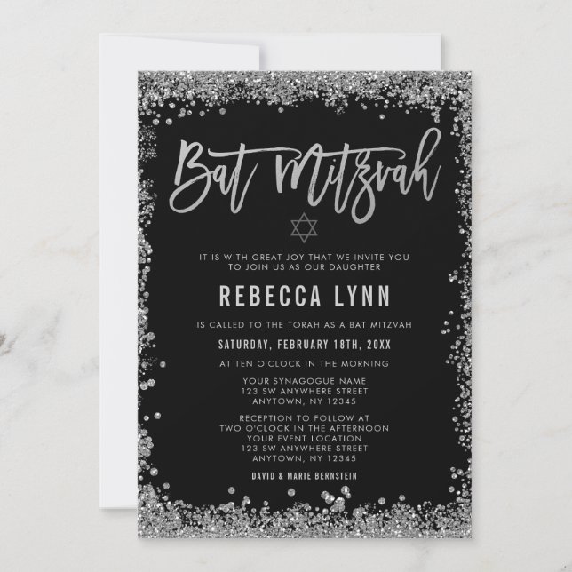 Invitación Bat Mitzvah, Purpurina de Black Silver Faux (Anverso)