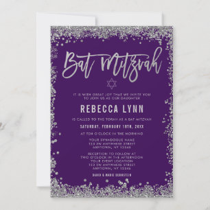 Invitación Bat Mitzvah, Purpurina de Faux Plata Morada