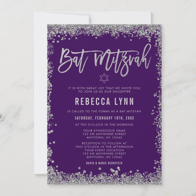 Invitación Bat Mitzvah, Purpurina de Faux Plata Morada (Anverso)