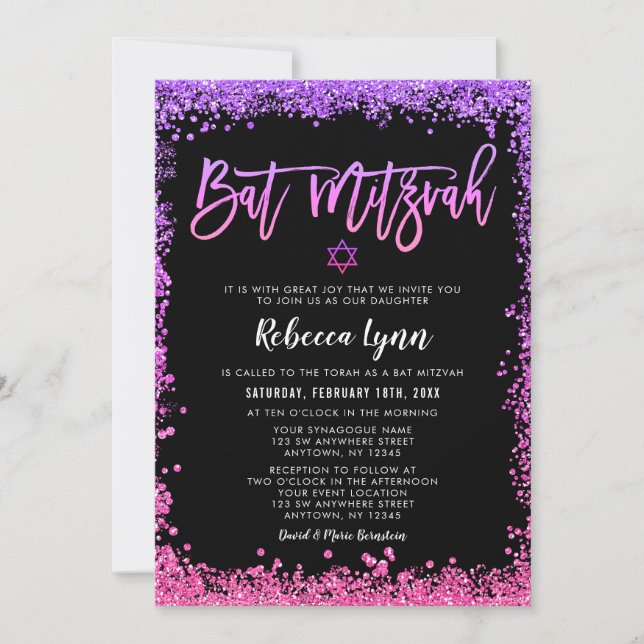 Invitación Bat Mitzvah, Purpurina de Faux Púrpura (Anverso)