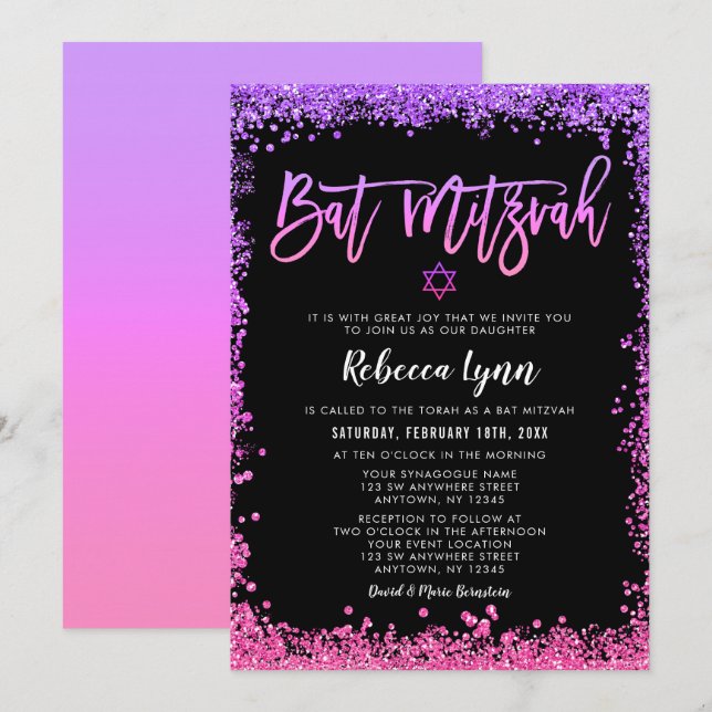 Invitación Bat Mitzvah, Purpurina de Faux Púrpura (Anverso / Reverso)