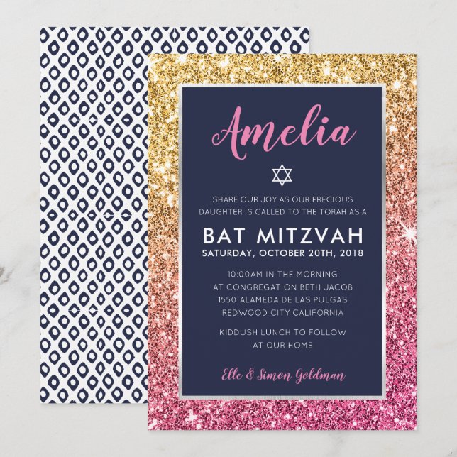 Invitación BAT MITZVAH purpurina de oro fresco de la marina r (Anverso / Reverso)