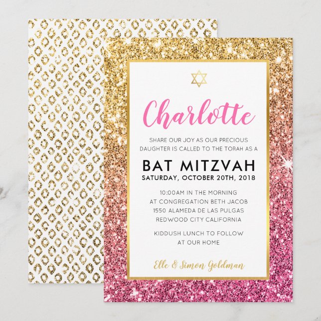 Invitación BAT MITZVAH purpurina de oro fresco de lujo rosa i (Anverso / Reverso)