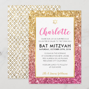 Invitación BAT MITZVAH purpurina de oro fresco de lujo rosa i
