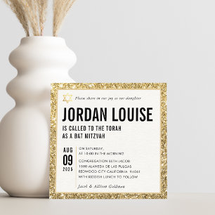 Invitación BAT MITZVAH purpurina de oro moderno y simple moda
