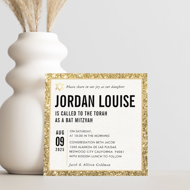 Invitación BAT MITZVAH purpurina de oro moderno y simple moda (Subido por el creador)