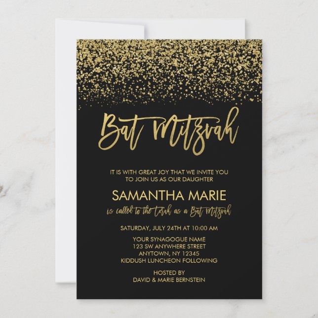 Invitación Bat Mitzvah, Purpurina de oro negro moderno (Anverso)