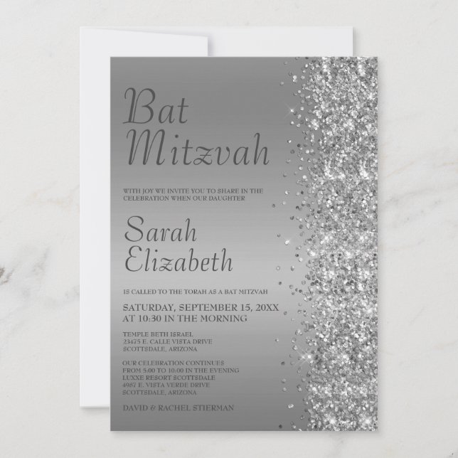 Invitación Bat Mitzvah, Purpurina de Plata (Anverso)