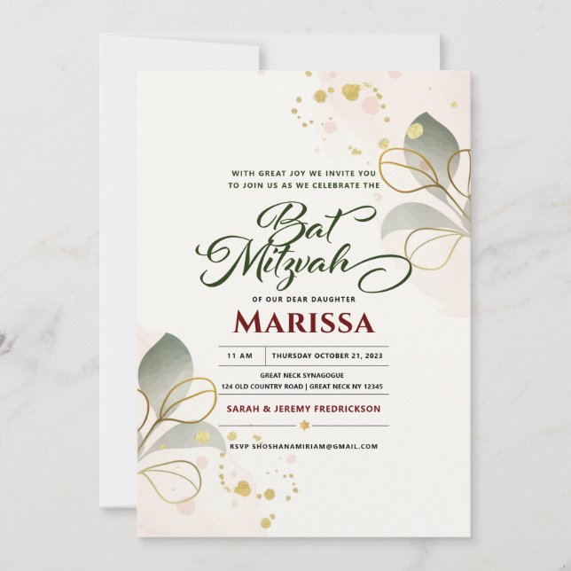 Invitación Bat Mitzvah Purpurina floral acuático moderno Invi (Anverso)