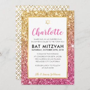 Invitación BAT MITZVAH purpurina fresco lujoso rosado de oro