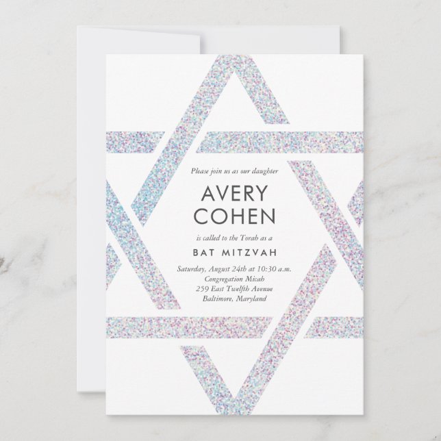 Invitación Bat Mitzvah, Purpurina holográfico de estrella mod (Anverso)