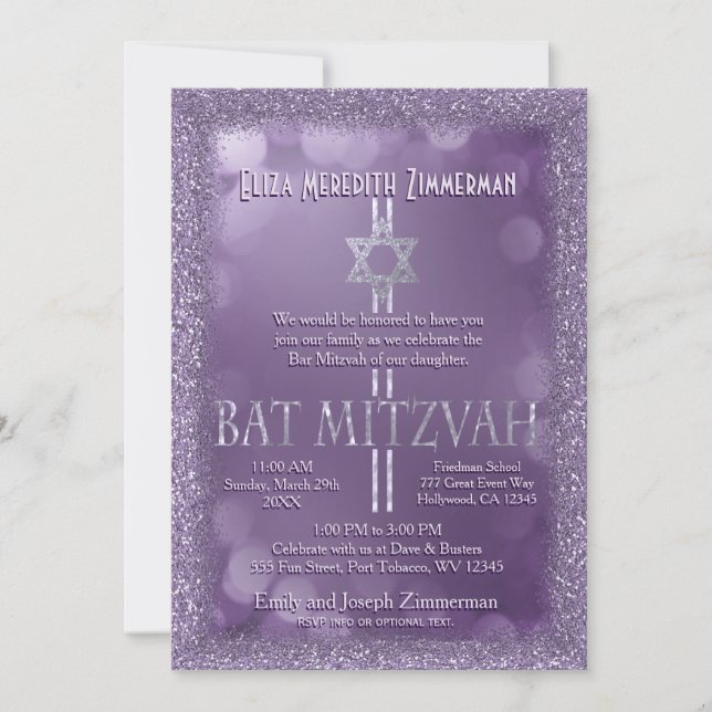 Invitación Bat Mitzvah | Purpurina púrpura (Anverso)