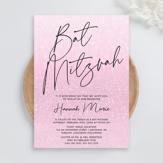 Invitación Bat Mitzvah, Purpurina rosa de la moda (Subido por el creador)