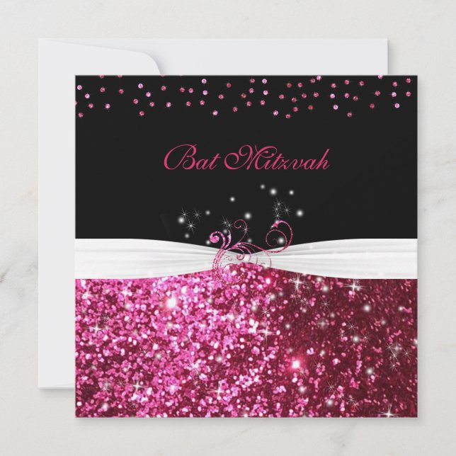 Invitación Bat Mitzvah Purpurina rosa satén blanco (Anverso)