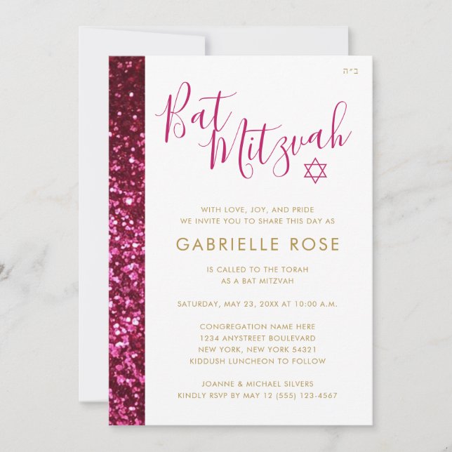 Invitación Bat Mitzvah Purpurina Rosa Stripe (Anverso)