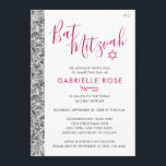 Invitación Bat Mitzvah Purpurina rosado de plata nombre hebre<br><div class="desc">Brillante rosa caliente, negro y plata purpurina moderno Bat Mitzvah invitación a una ceremonia moderna y almuerzo con espacio para un nombre hebreo y detalles de invitación judíos tradicionales. El fondo es una imagen plana impresa de textura purpurina, NO es un verdadero purpurina - no hay lío pero sigue pareciendo...</div>