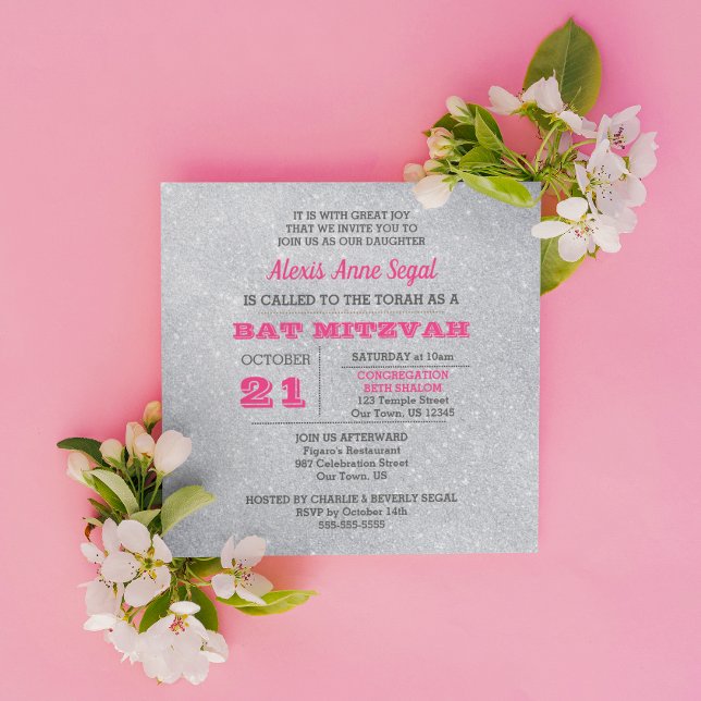 Invitación Bat Mitzvah, Purpurina rosado de Turmalina y Plata (Subido por el creador)