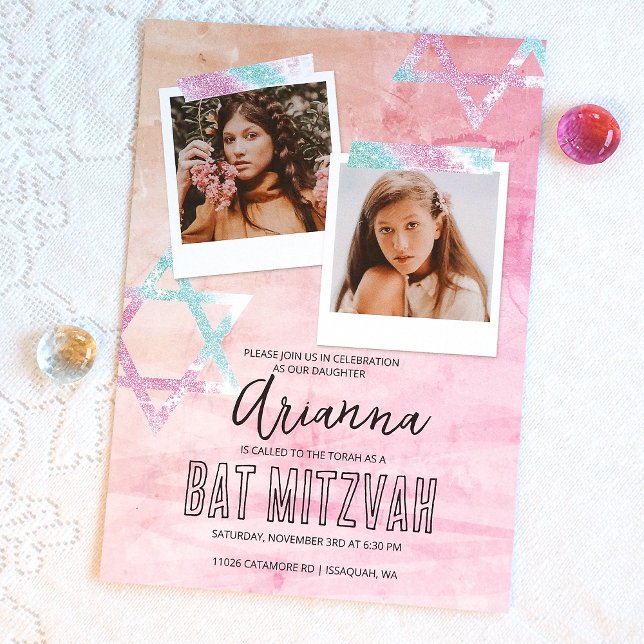 Invitación Bat Mitzvah, Purpurina turquesa rosa. Foto (Pink Glitter Photo Scrap Book Style Bat Mitzvah Invitation, Cute Photo Collage Invites)