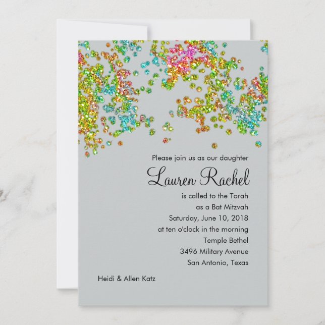 Invitación Bat Mitzvah Purpurinoso Confetti Design (Anverso)