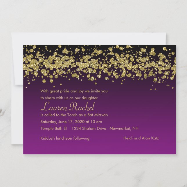 Invitación Bat Mitzvah Purpurinoso de oro Borde negro Cualqui (Anverso)