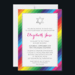 Invitación BAT MITZVAH rainbow striard patrón plata purpurina<br><div class="desc">por kat massard >> https://linktr.ee/simplysweetpaperie << Un diseño rayado de arcoiris brillante y audaz para las INVITACIONES MITZVAH de MAT de su hijo. Guau sus amigos y familia con este pequeño número ;D Configurar como plantilla es sencillo para usted agregar sus propios detalles, añadir su foto o pulsar el botón...</div>