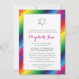 Invitación BAT MITZVAH rainbow striard patrón plata purpurina