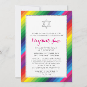 Invitación BAT MITZVAH rainbow striard patrón plata purpurina