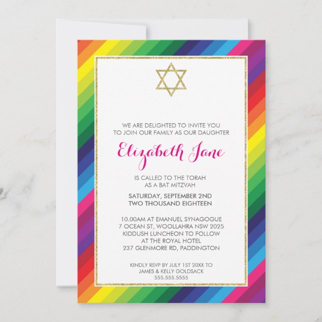 Invitación BAT MITZVAH rainbow strit patrón oro purpurina (Anverso)
