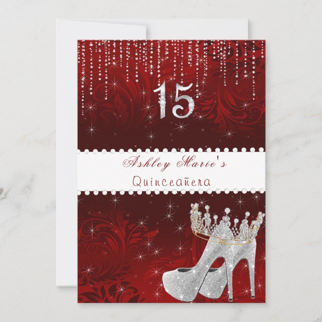Invitación Bat Mitzvah Red Satin Princess Crown Diamonds Invi (Anverso)