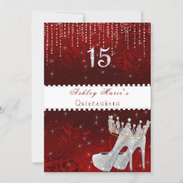 Invitación Bat Mitzvah Red Satin Princess Crown Diamonds Invi