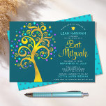 Invitación Bat Mitzvah Relieve metalizado dorado árbol de vid<br><div class="desc">¡Estén orgullosos, regocijaos y exhiban este hito de su Bat Mitzvah favorito! Este gráfico árbol de Relieve metalizado dorado falso con estrella de David brillante, turquesa, verde azulada, morada y azul y "hojas" de punto en un rico y oscuro fondo azul verde azulado es la invitación perfecta para esta ocasión...</div>