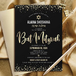 Invitación Bat Mitzvah Relieve metalizado dorado negro guión<br><div class="desc">¡Estén orgullosos, regocijaos y exhiban este hito de su Bat Mitzvah favorito! Envíe esta impresionante, moderna, sofisticada, personalizada invitación con el nombre del hebreo para un evento que recordar. El guión gráfico de la caligrafía del Relieve metalizado de oro falso, Star of David, y el confeti, superponen un rico, dramático...</div>