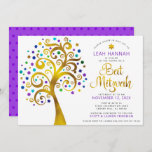 Invitación Bat Mitzvah Relieve metalizado dorado púrpura árbo<br><div class="desc">¡Estén orgullosos, regocijaos y exhiban este hito de su Bat Mitzvah favorito! Este gráfico árbol de Relieve metalizado dorado falso con estrella de David brillante, turquesa, verde azulada, morada y azul y "hojas" de punto sobre un fondo blanco es la invitación perfecta para esta ocasión especial. Un diminuto y oscuro...</div>