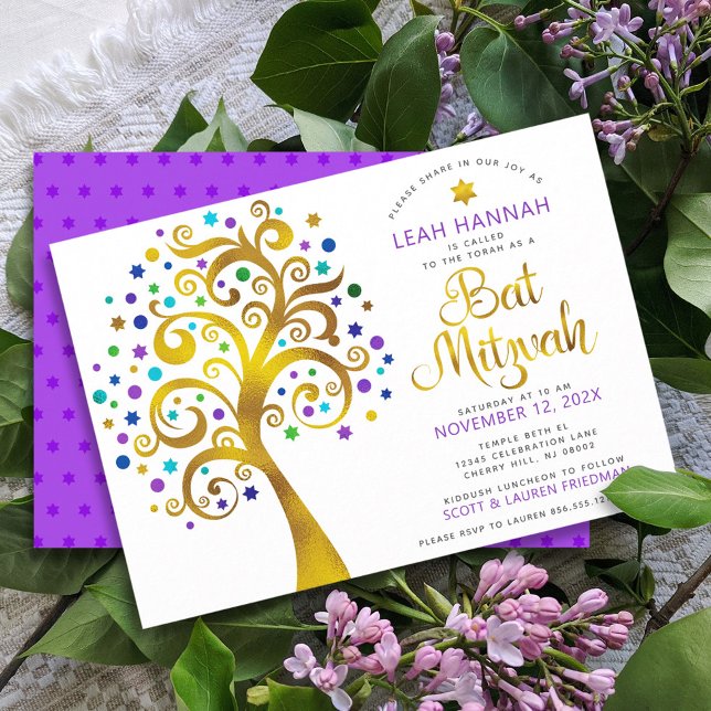 Invitación Bat Mitzvah Relieve metalizado dorado púrpura árbo (Subido por el creador)