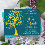 Invitación Bat Mitzvah Relieve metalizado dorado Verde azulad<br><div class="desc">¡Estén orgullosos, regocijaos y exhiban este hito de su Bat Mitzvah favorito! Este gráfico árbol de Relieve metalizado dorado falso con estrella de David brillante, turquesa, verde azulada, morada y azul y "hojas" de punto en un rico y oscuro fondo azul verde azulado es la invitación perfecta para esta ocasión...</div>