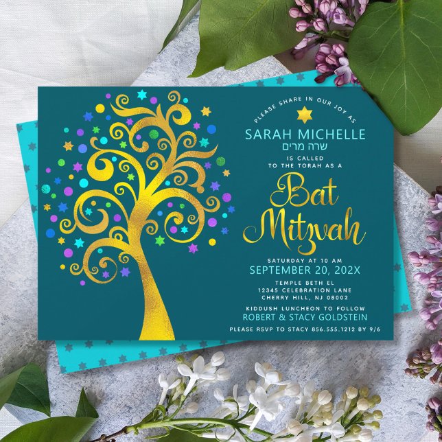 Invitación Bat Mitzvah Relieve metalizado dorado Verde azulad (Subido por el creador)