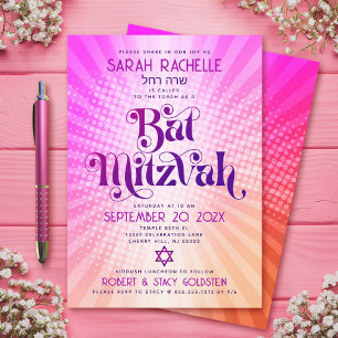Invitación Bat Mitzvah Retro Boho Rosa Naranja Gradiente Negr