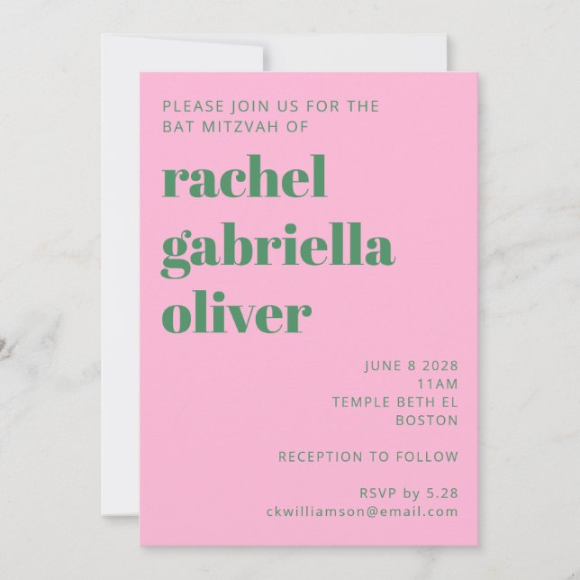 Invitación Bat Mitzvah retro simple negrita y verde (Anverso)