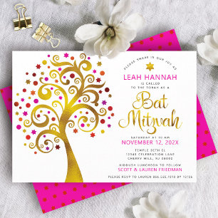 Invitación Bat Mitzvah Rojo Dorado Hoja de árbol de la vida M