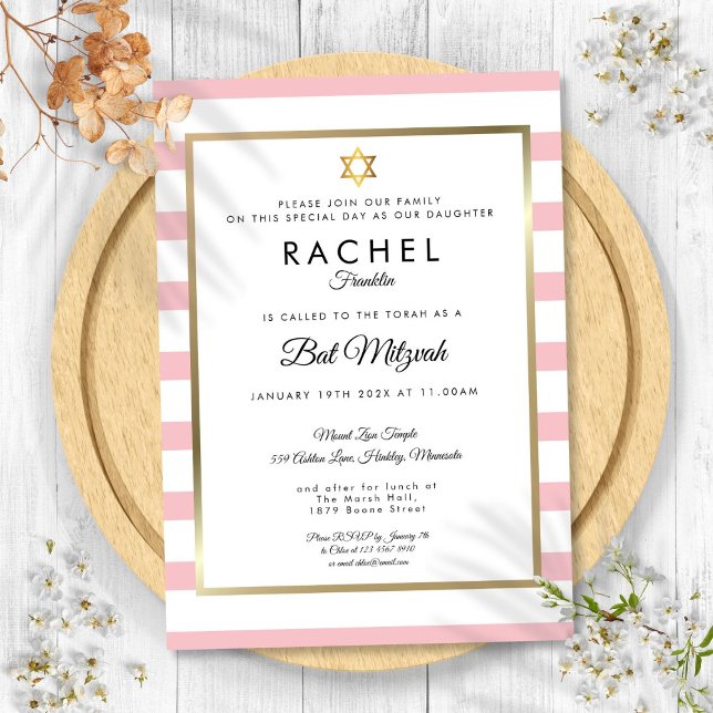 Invitación Bat Mitzvah Rosa Blanco Raya Estrella de David (Bat Mitzvah Pink White Stripe Gold Star of David Invitation)