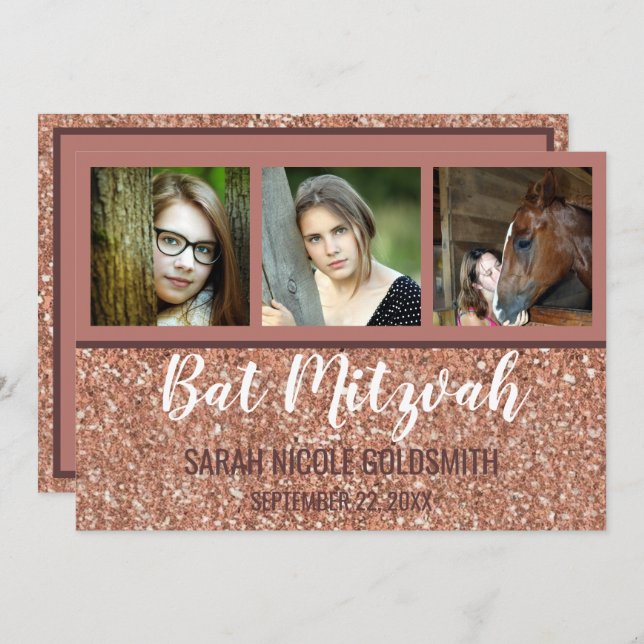 Invitación Bat Mitzvah Rosa Collage de fotos Purpurina Faux G (Anverso / Reverso)