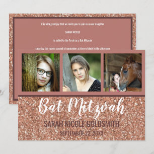 Invitación Bat Mitzvah Rosa Collage de fotos Purpurina Faux G